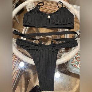 Black Medium Ribbed Bikini Set with waist strap